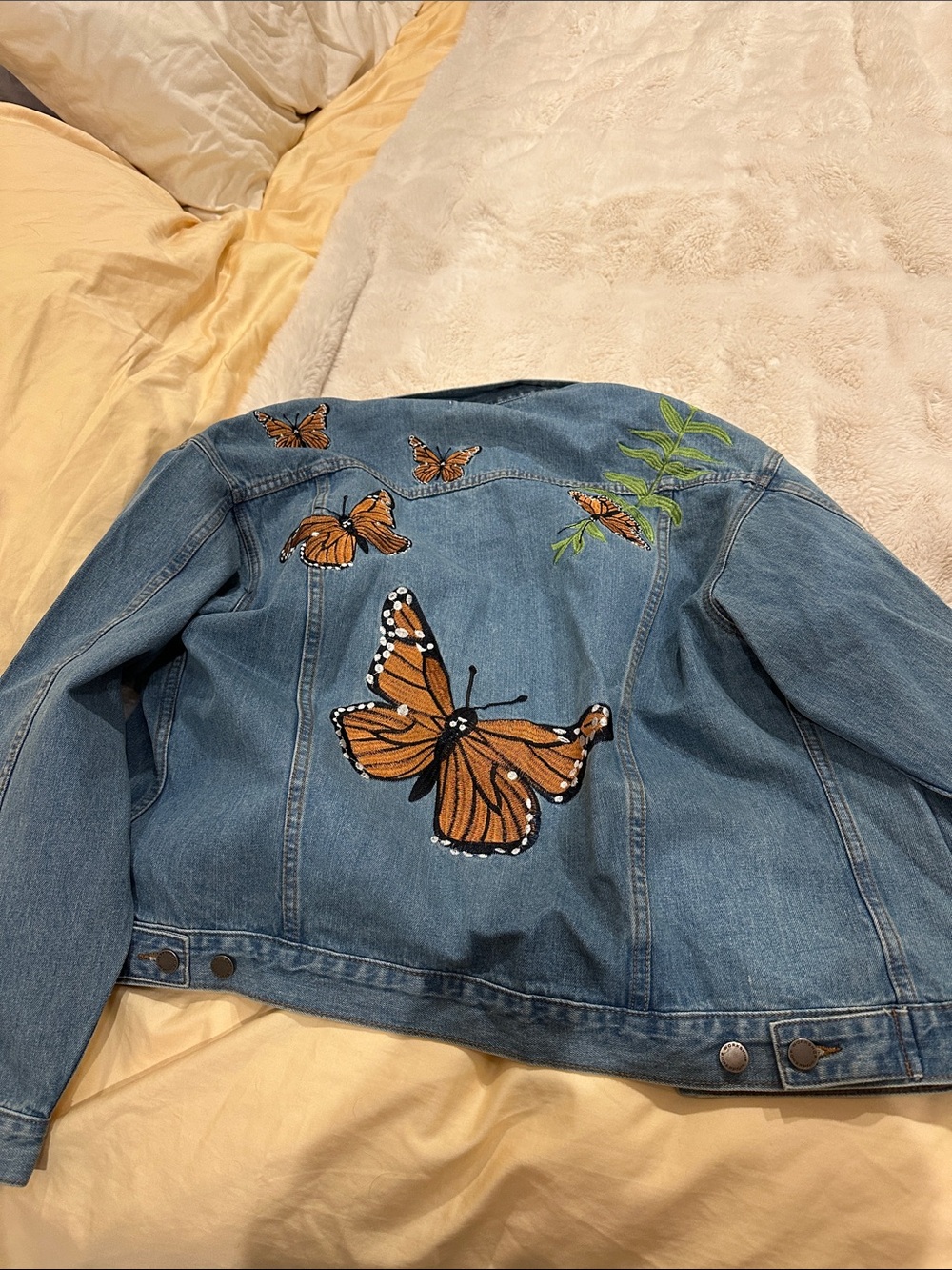 Workshop Republic Clothing Blue Denim Jacket with Orange Butterfly Embroidery